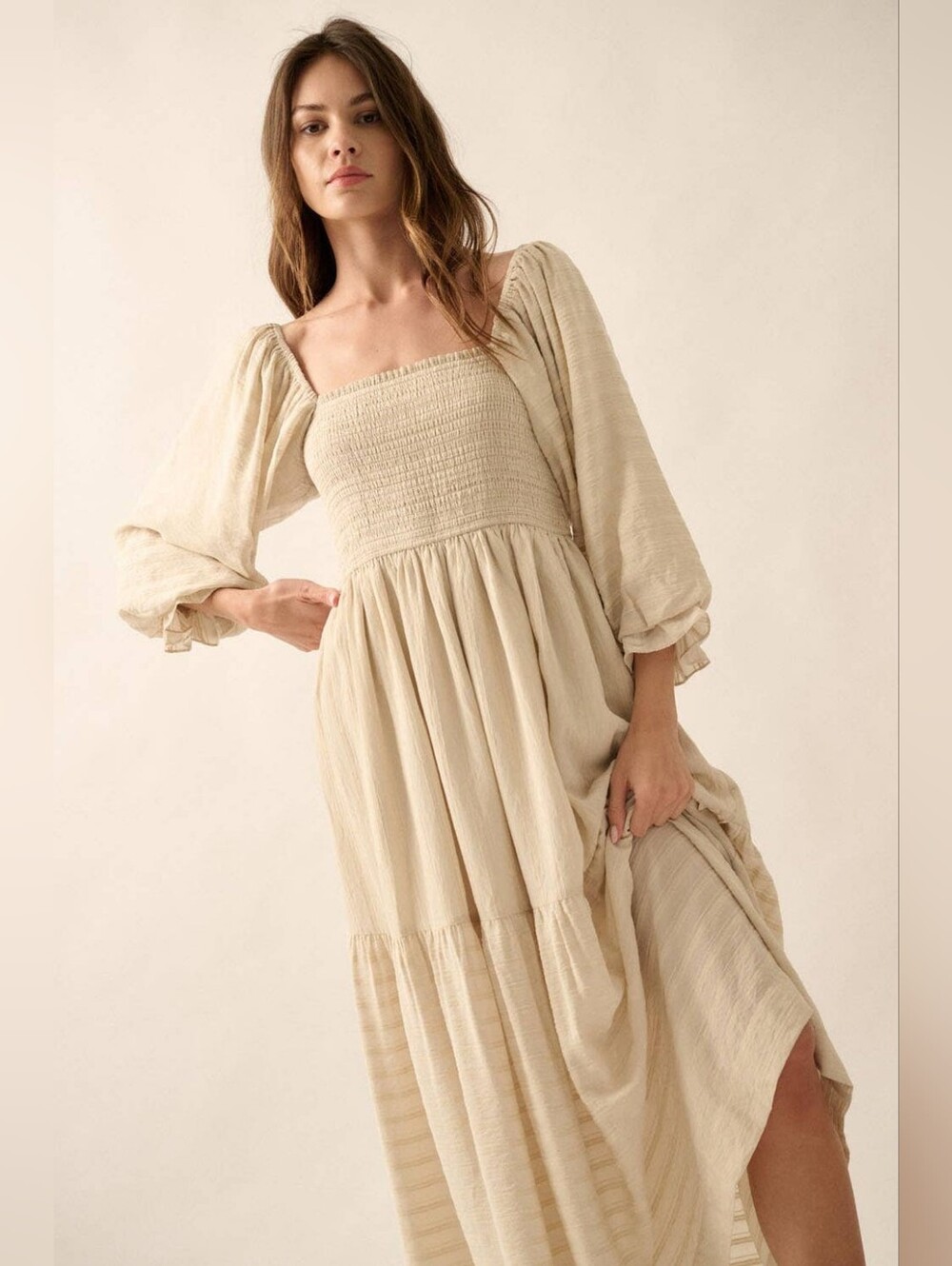 Moon River Anthropologie Smocked Gauze‎ Peasant Dress Size Large In Light Tan